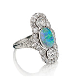 Victorian 18kt White Gold Black Opal and Diamond Navette Ring. Circa 1915