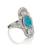 Victorian 18kt White Gold Black Opal and Diamond Navette Ring. Circa 1915