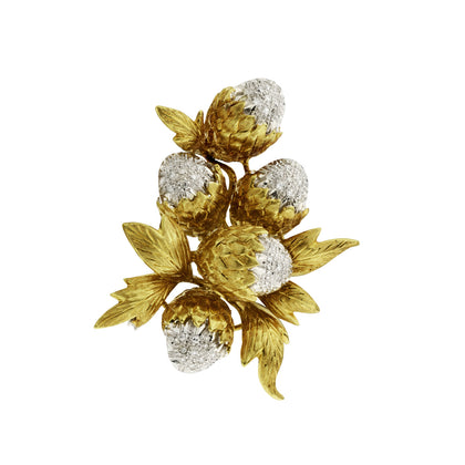 18kt Yellow and White Gold Acorn and Protea Design Brooch. 21.4 grams.