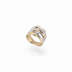 14KT YELLOW AND WHITE GOLD WAVY STATMENT RING.