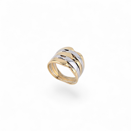 14KT YELLOW AND WHITE GOLD WAVY STATMENT RING.