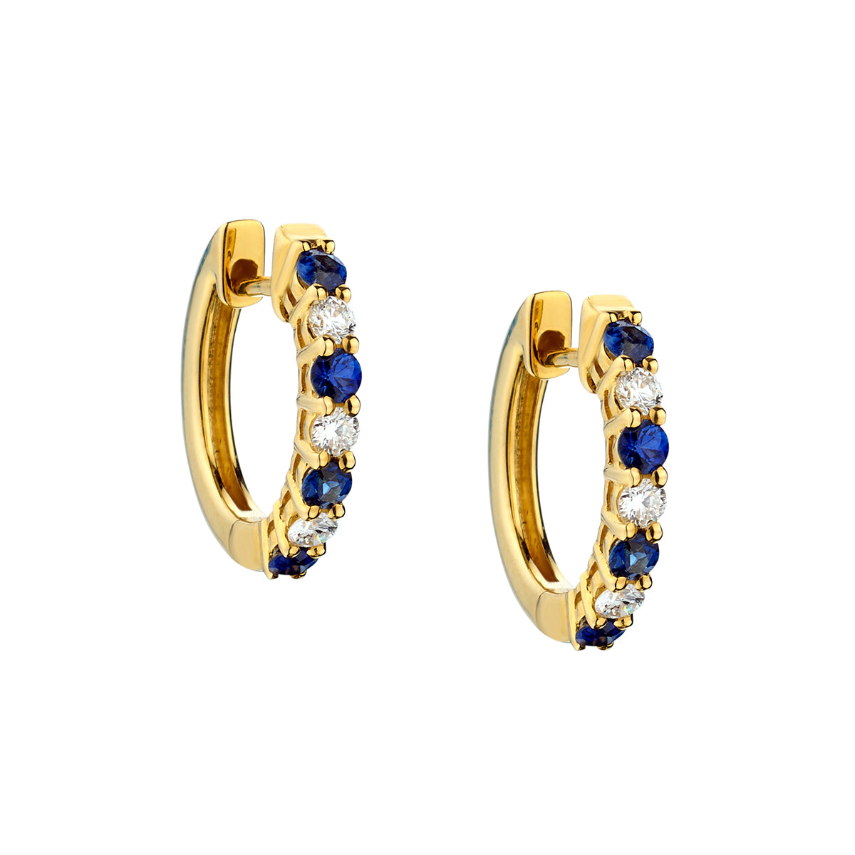 18kt Yellow Gold Blue Sapphire and Diamond Small Hoop Earrings.