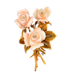 14kt Yellow Gold Diamond and Coral Large Floral Brooch. Weight: 54.78 grams