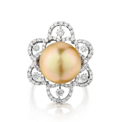 Ladies 18kt White Gold Yellow South Sea Pearl and Diamond Ring