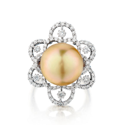 Ladies 18kt White Gold Yellow South Sea Pearl and Diamond Ring