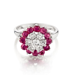 14kt White Gold Ruby and Diamond Cluster Ring.