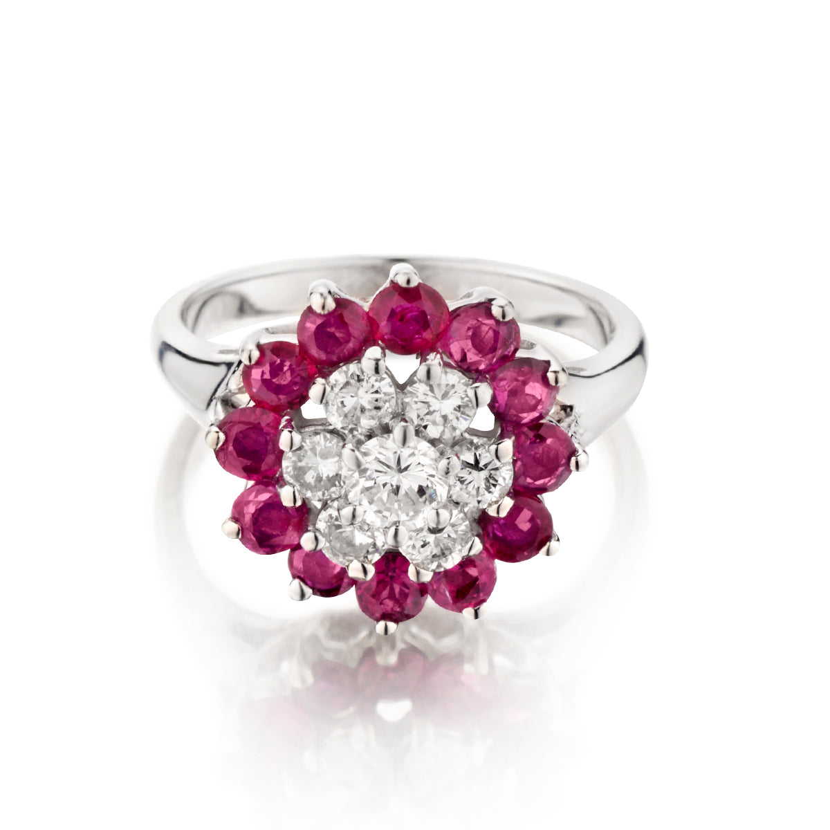 14kt White Gold Ruby and Diamond Cluster Ring.