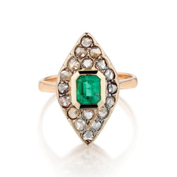 Ladies 14kt Vintage Victorian Navette style Green Emerald and Diamond Ring.