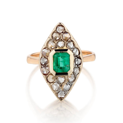 Ladies 14kt Vintage Victorian Navette style Green Emerald and Diamond Ring.