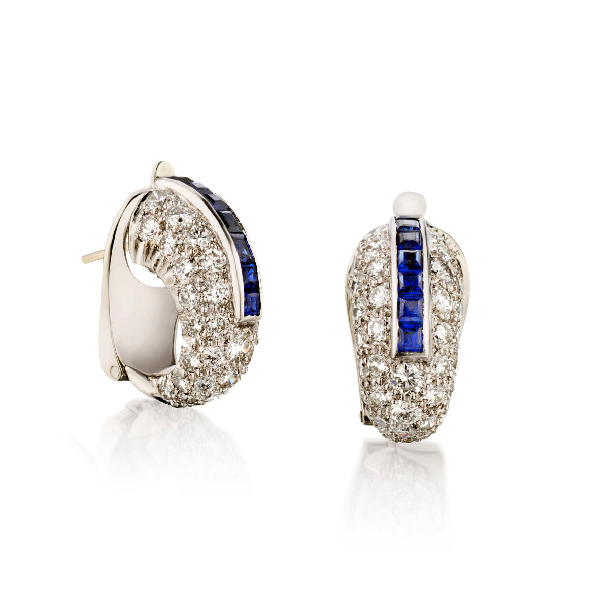 Platinum Hand Made  Blue Sapphire and Diamond Earrings. Made in France