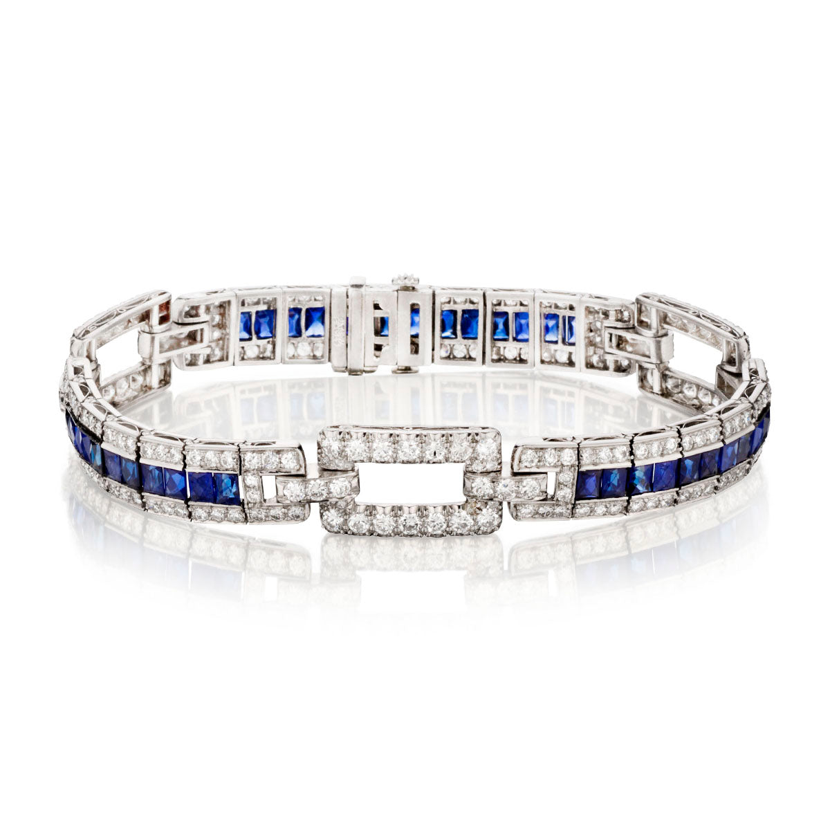 Platinum Blue Sapphire and Diamond Bracelet. Made in France