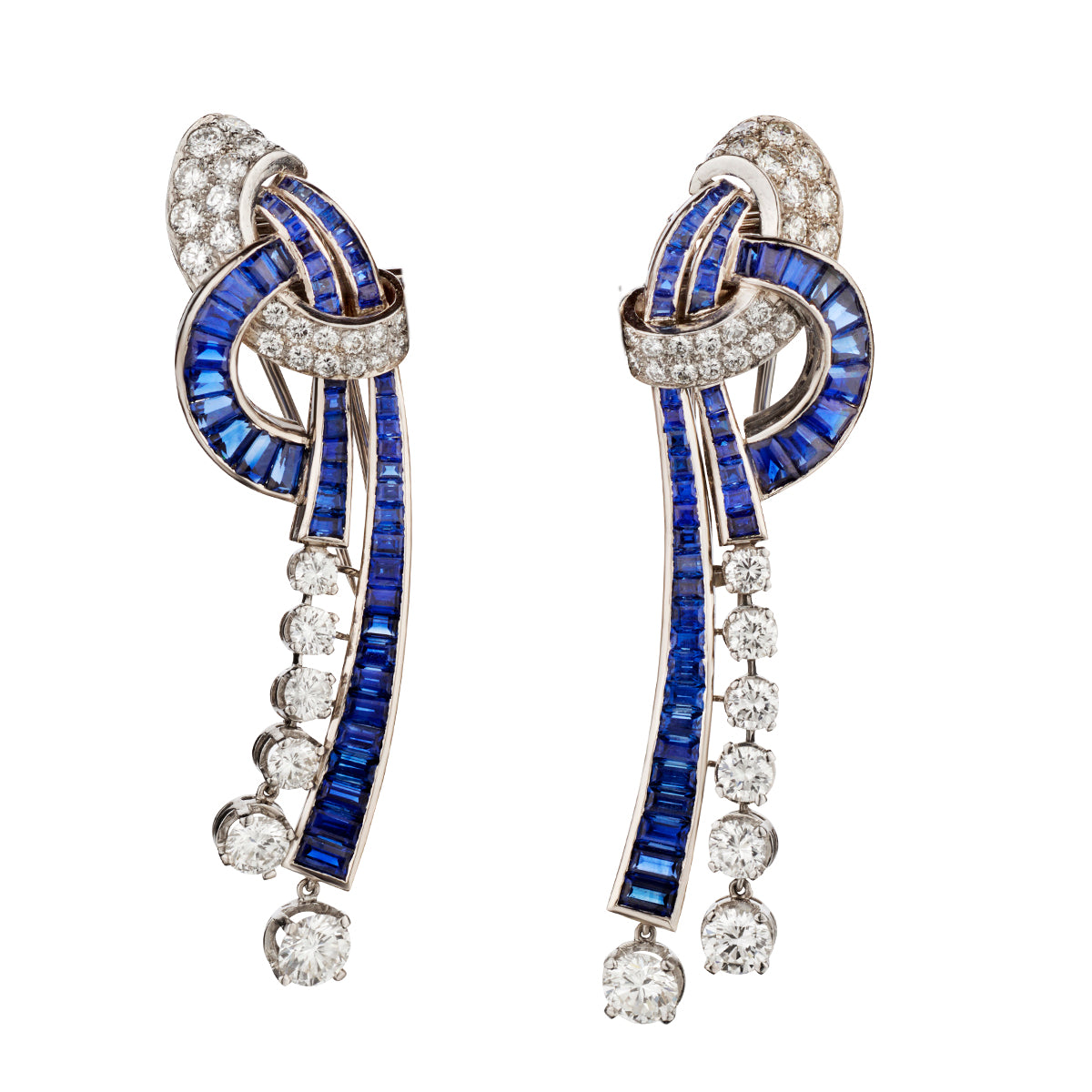 Handmade Platinum Blue Sapphire and Diamond Brooch. Made in France. 28.78 grams.