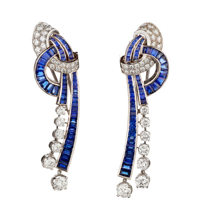 Handmade Platinum Blue Sapphire and Diamond Brooch. Made in France. 28.78 grams.