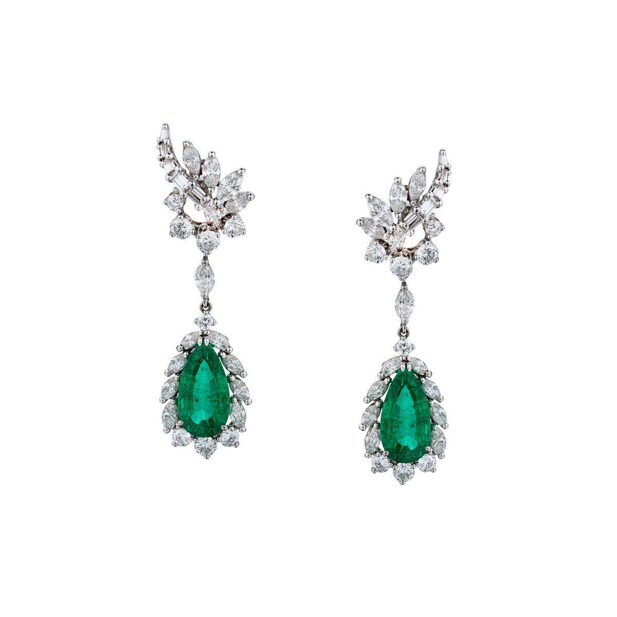 Platinum Green Emerald and Diamond Drop / Pendant Earrings