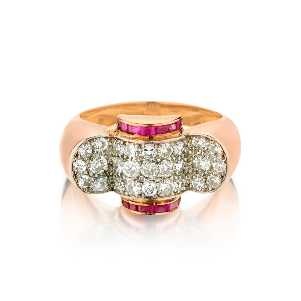 14kt Pink Gold Diamond and Ruby Tank Ring. Circa Victorian /Edwardian