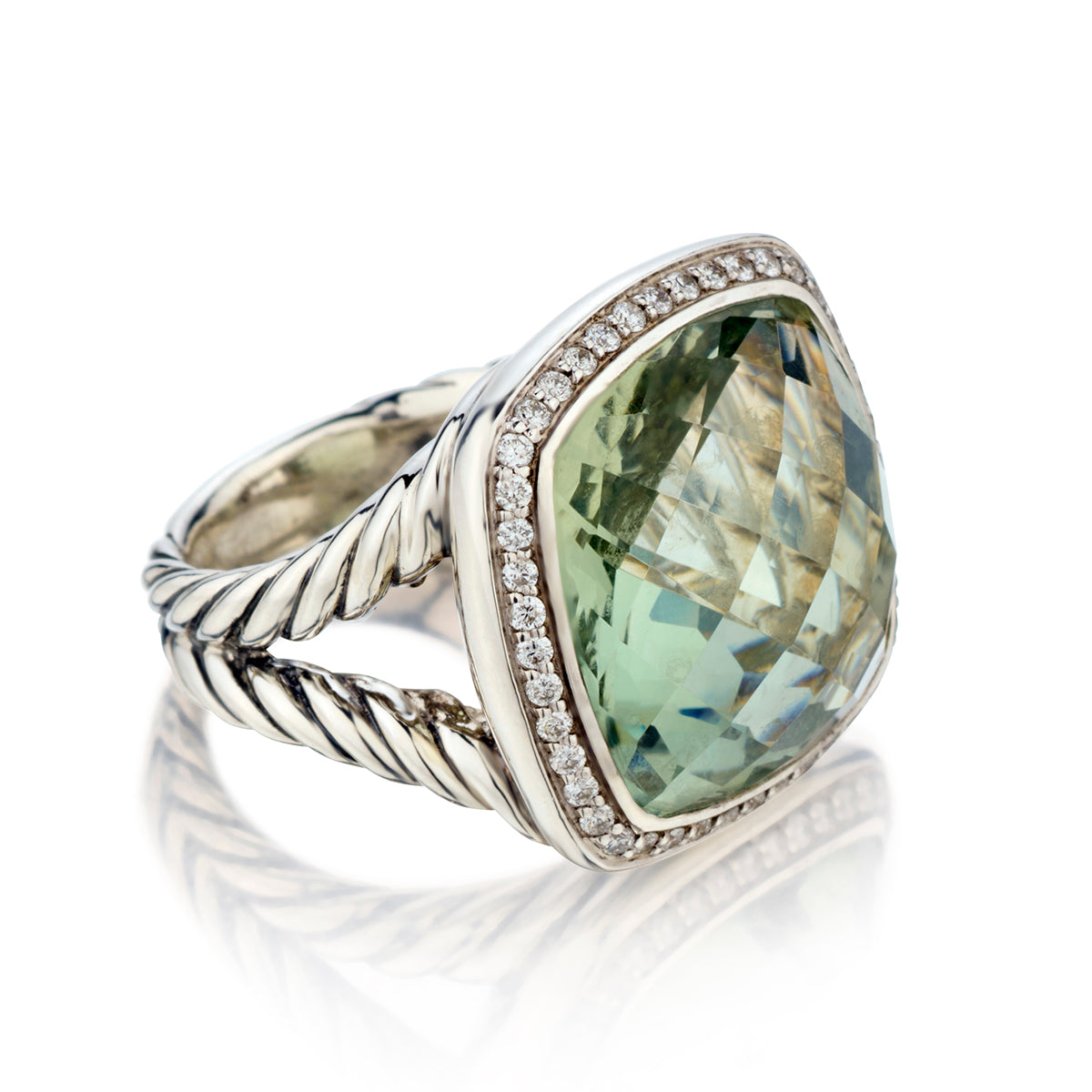 David Yurman Sterling Silver 18mm Prasiolite and Diamond Ring