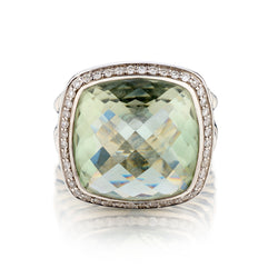 David Yurman Sterling Silver 18mm Prasiolite and Diamond Ring