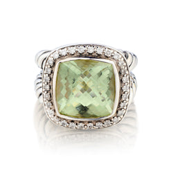 David Yurman Sterling Silver .14mm Prasiolite and Diamond Ring