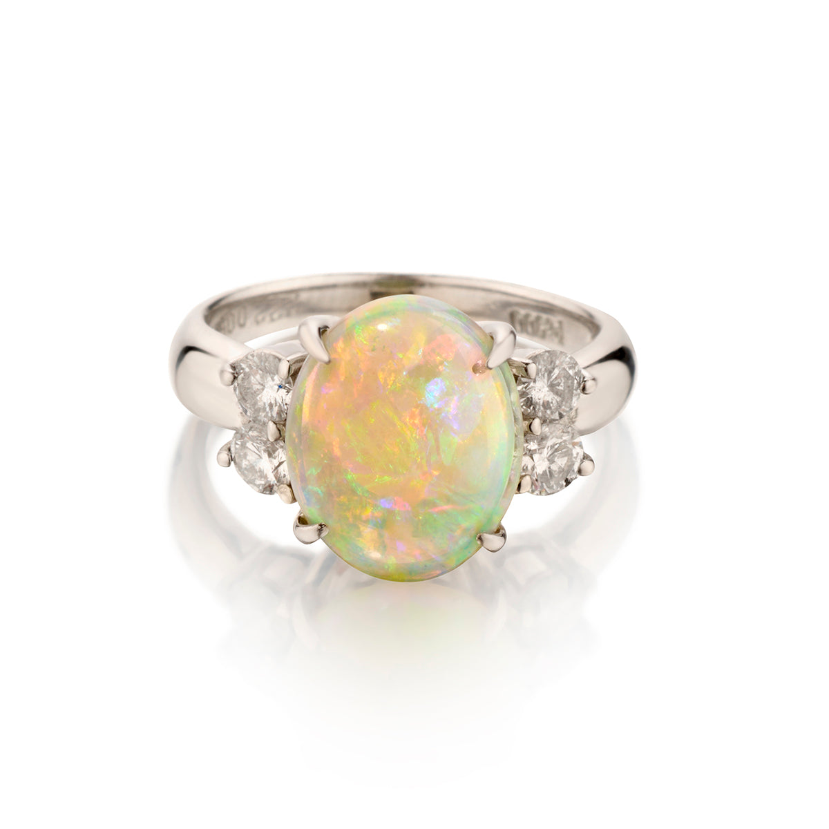 Ladies Platinum Fiery Opal and Diamond Ring.