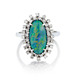 14kt White Gold Black Opal and Diamond Cluster Ring.