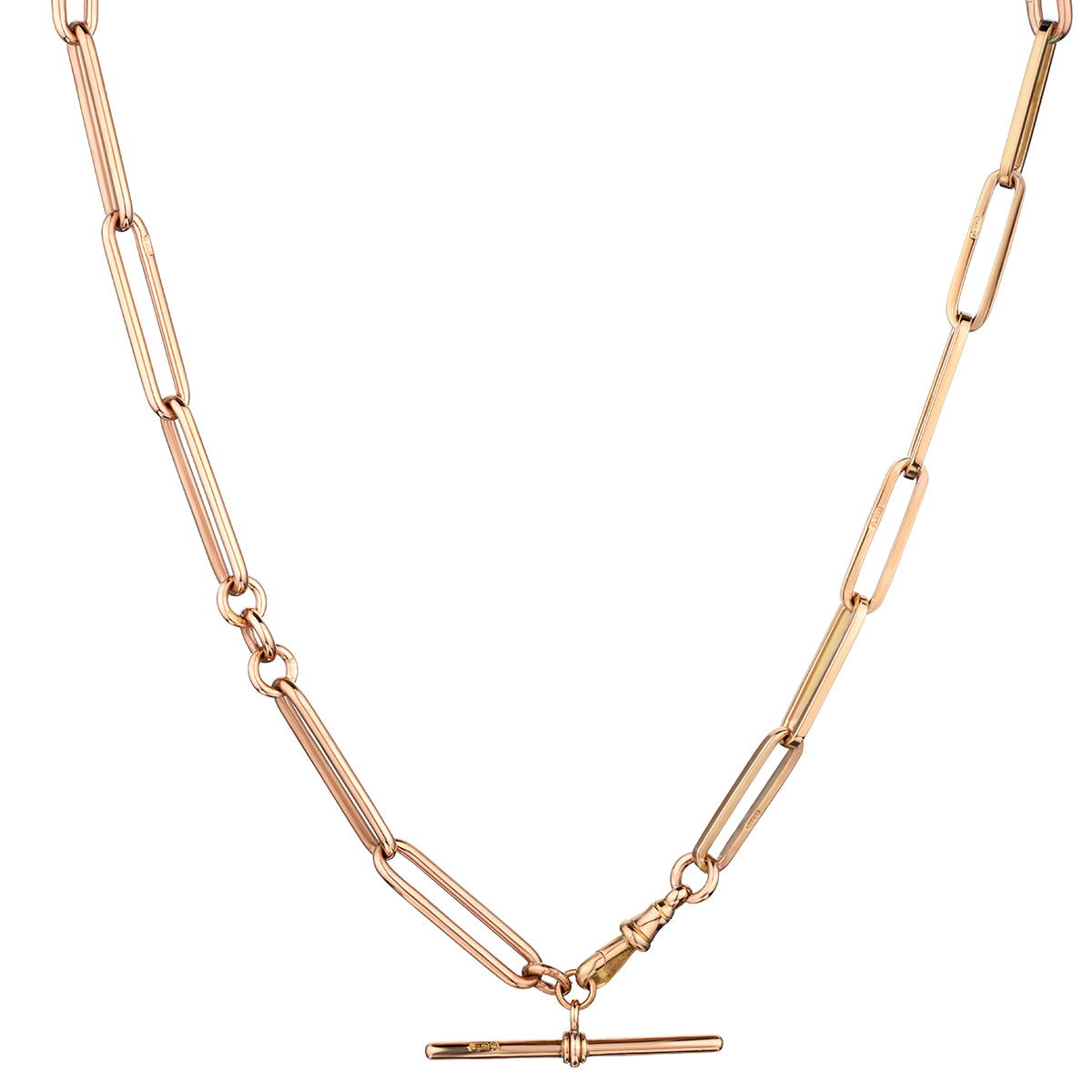 Vintage English 9Kt Pink Gold Paper Clip Fob Chain. Weight: 44.50 grams.