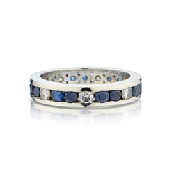Blue Sapphire and Diamond Eternity Ring. 14kt White Gold