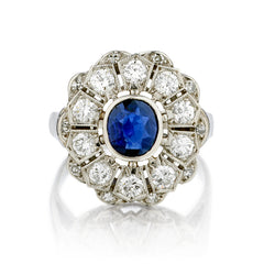 Ladies Vintage Platinum Blue Sapphire and Diamond Ring.
