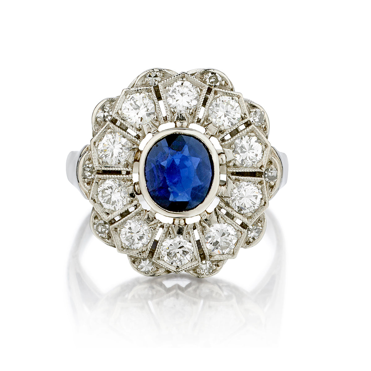 Ladies Vintage Platinum Blue Sapphire and Diamond Ring.