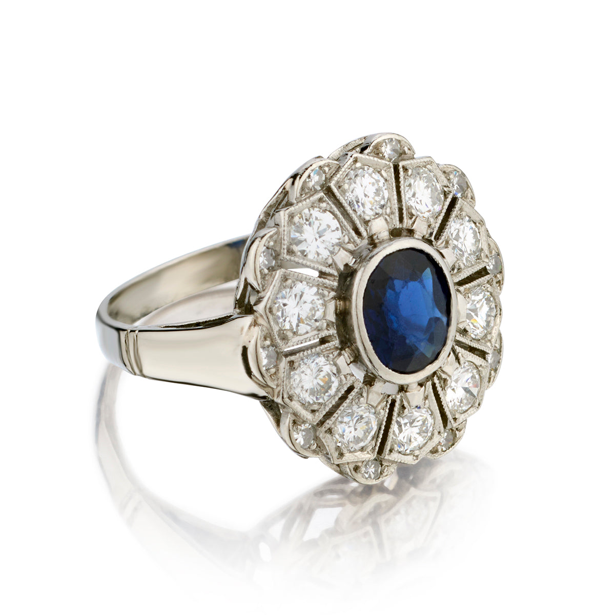 Ladies Vintage Platinum Blue Sapphire and Diamond Ring.