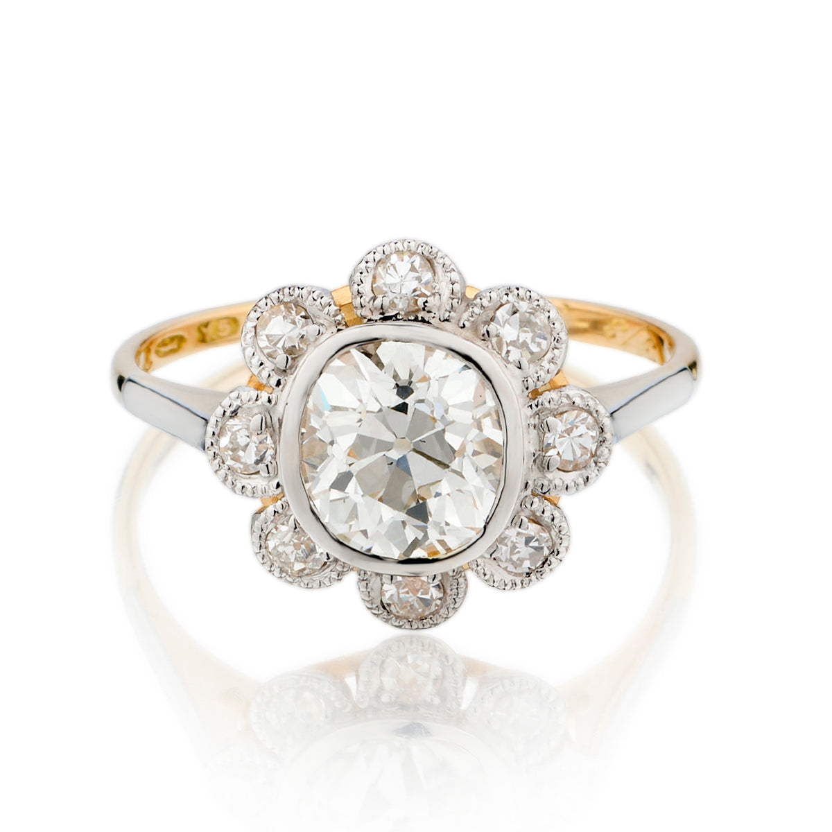 18kt and Platinum Vintage Ring. 1.68 Mine Cut