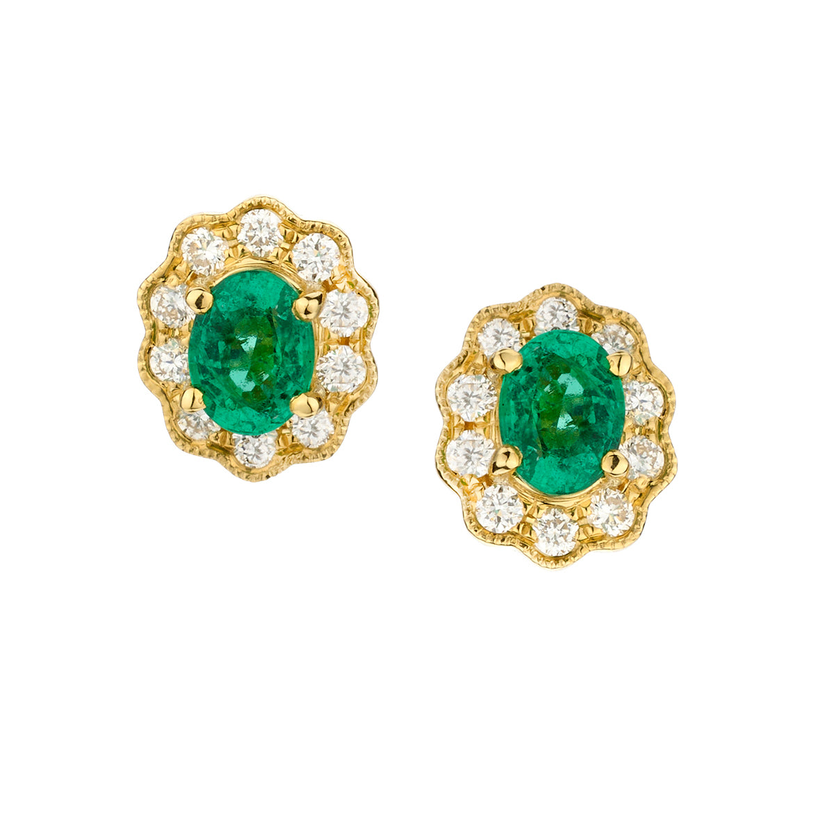 18kt Yellow Gold Green Emerald and Diamond Stud Earrings.