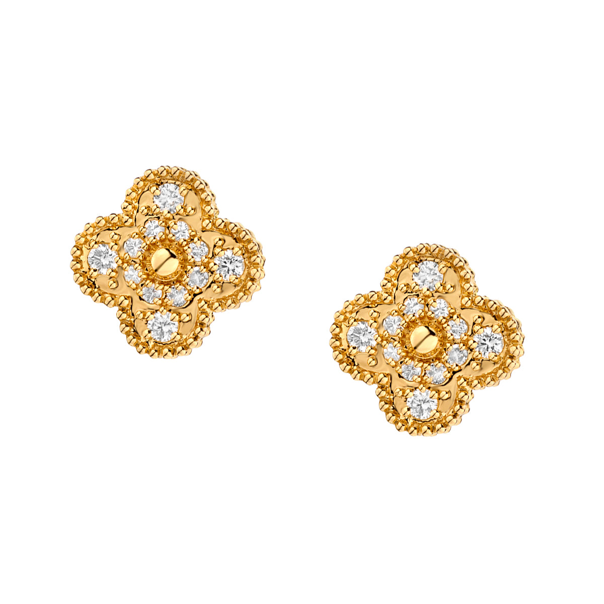 18kt Yellow Gold Diamond 4-Leaf Clover Diamond Stud Earrings.