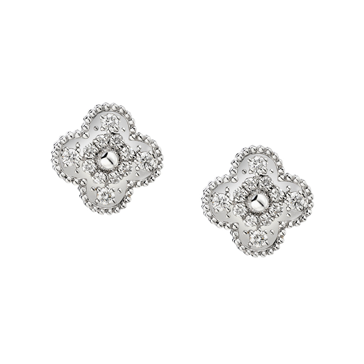 18kt White Gold Diamond 4-Leaf Clover Diamond Stud Earrings.