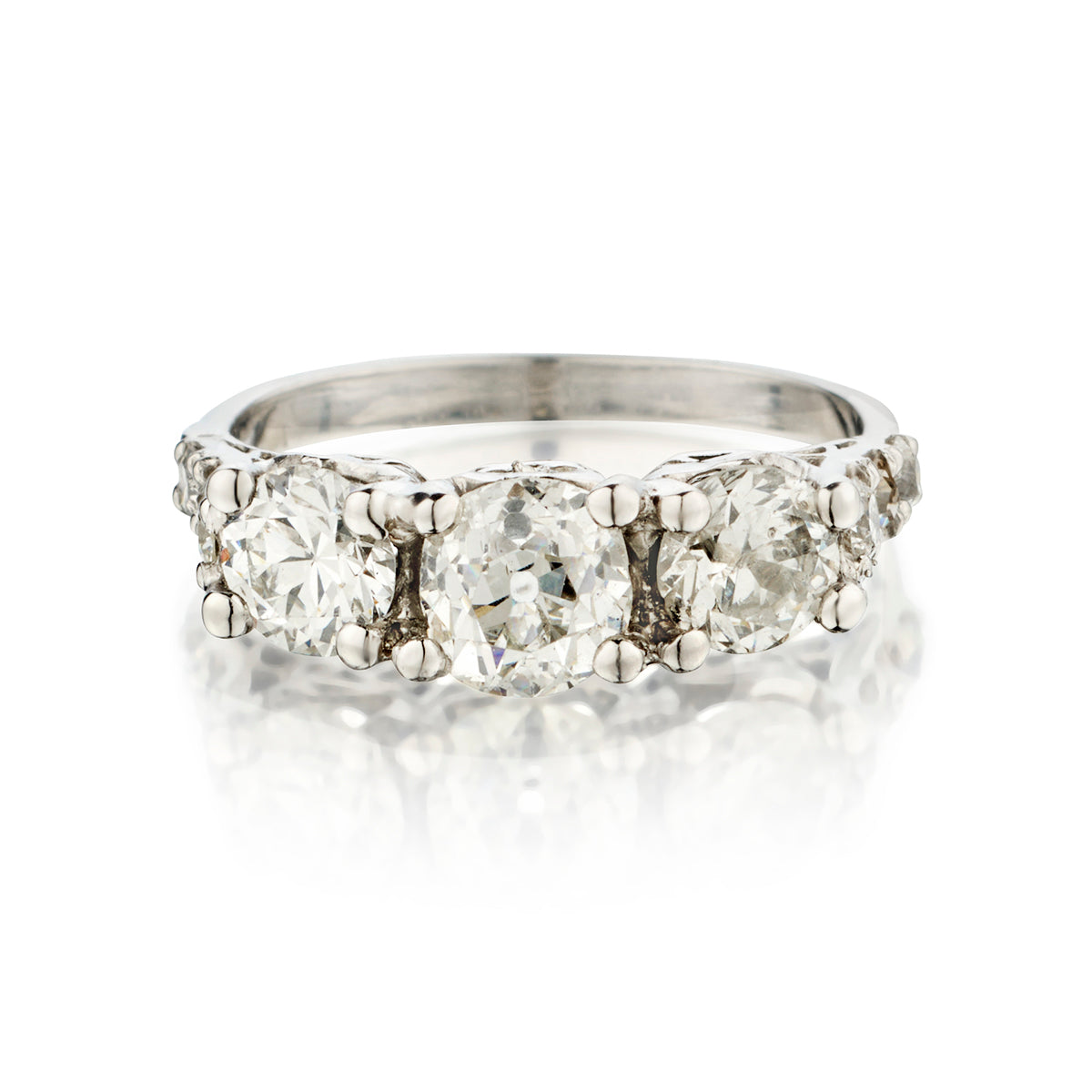 Platinum Vintage 3-Stone Ring. 2.33ct Tw Mine and European Cuts