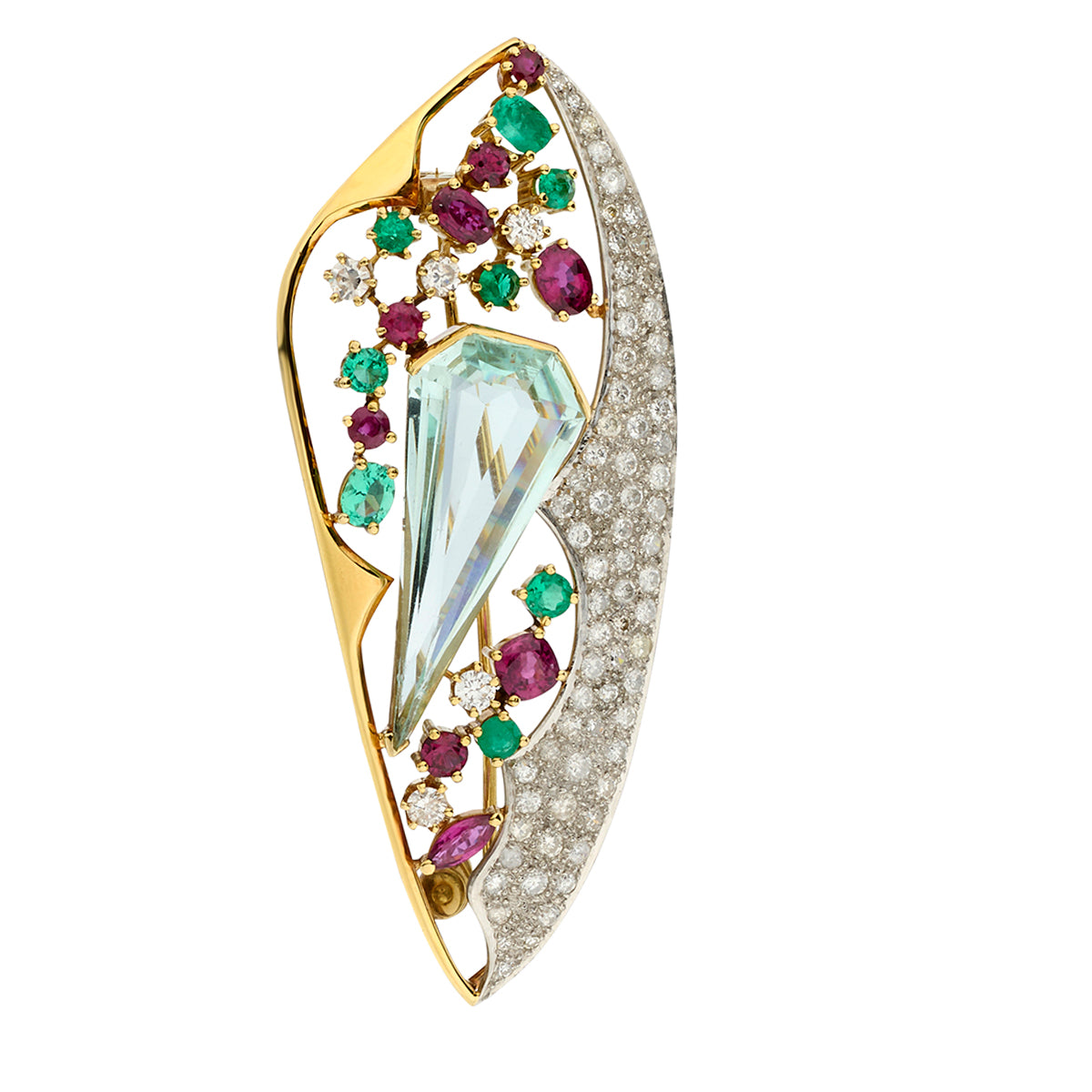 18kt Yellow Gold Brooch. Aquamarine, Ruby and Green Emerald Diamond.
