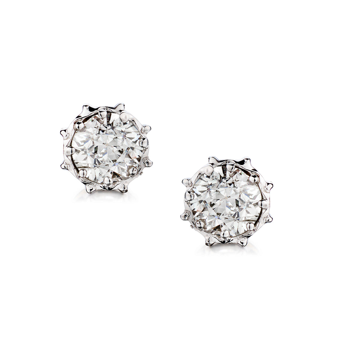 14kt White Gold Vintage Diamond Stud Earrings. 2 x 1.55ct Tw European Cut Diamonds