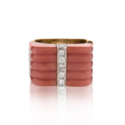 Coral and Diamond Ring. 14kt Yellow Gold.