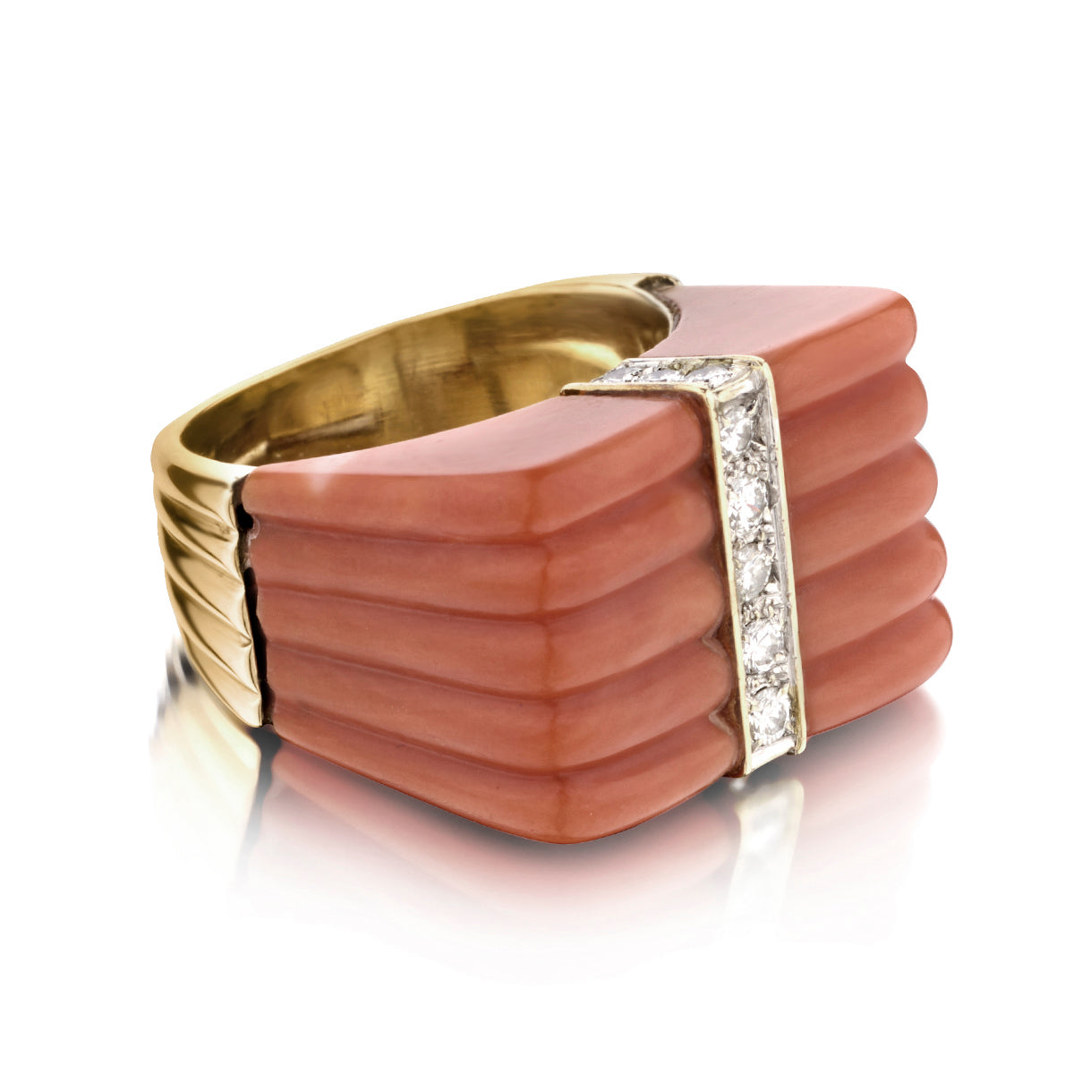 14kt Coral and Diamond Ring. 14kt Yellow Gold.