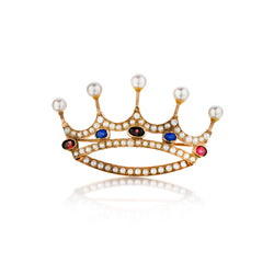 Vintage 14kt Pink Gold Pearl, Diamond and Gemstone Tiara (Crown) Brooch. Circa 1940's