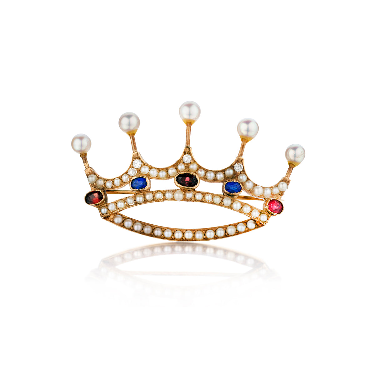 Vintage 14kt Pink Gold Pearl, Diamond and Gemstone Tiara Brooch. Circa 1940's