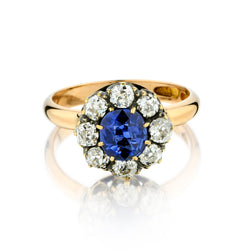 Vintage Blue Sapphire / Diamond Cluster Ring. English Markings. Circa 1890