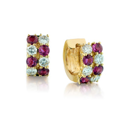14kt Yellow Gold Ruby and Diamond Huggies Earrings