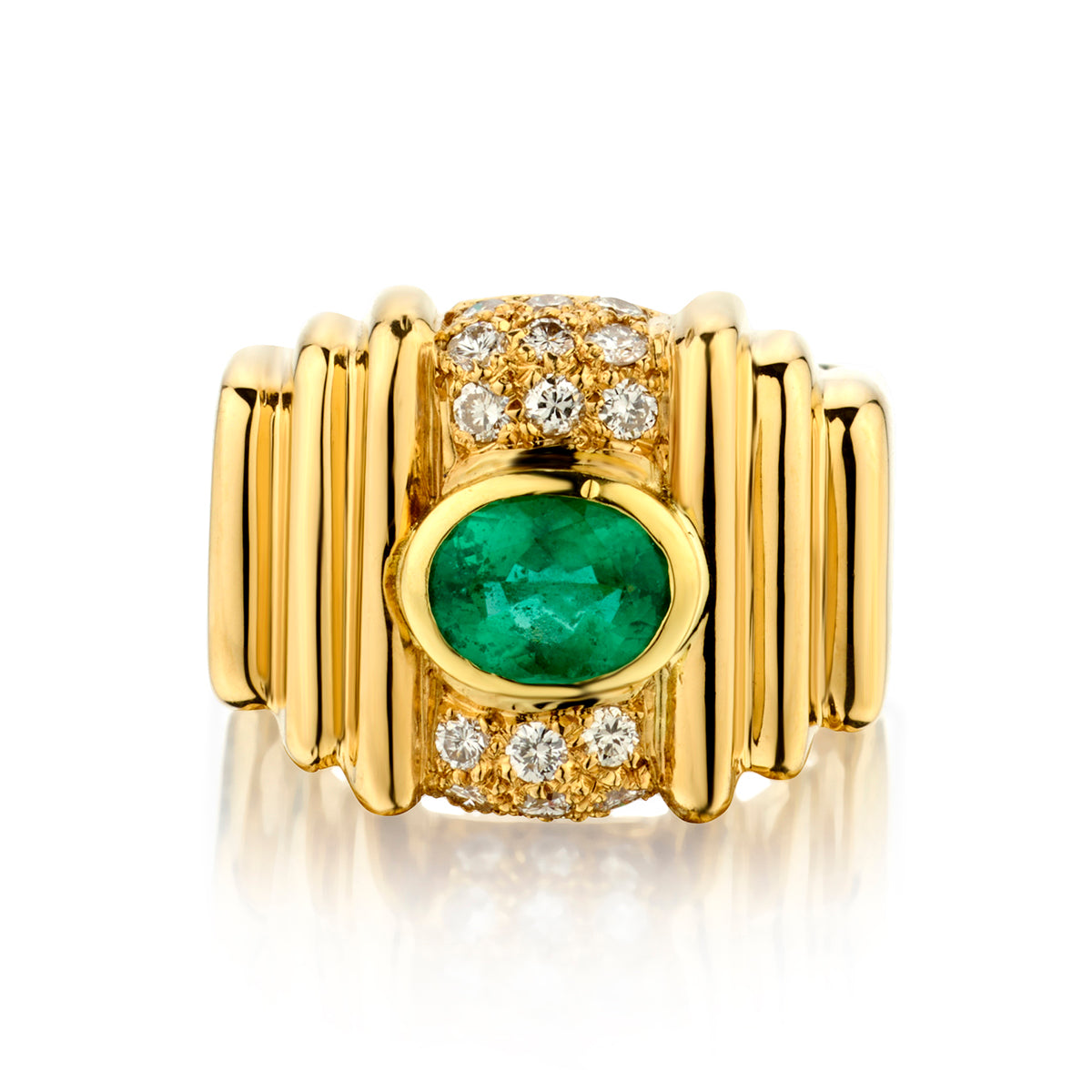 18kt Yellow Gold Green Emerald and Diamond Ring.