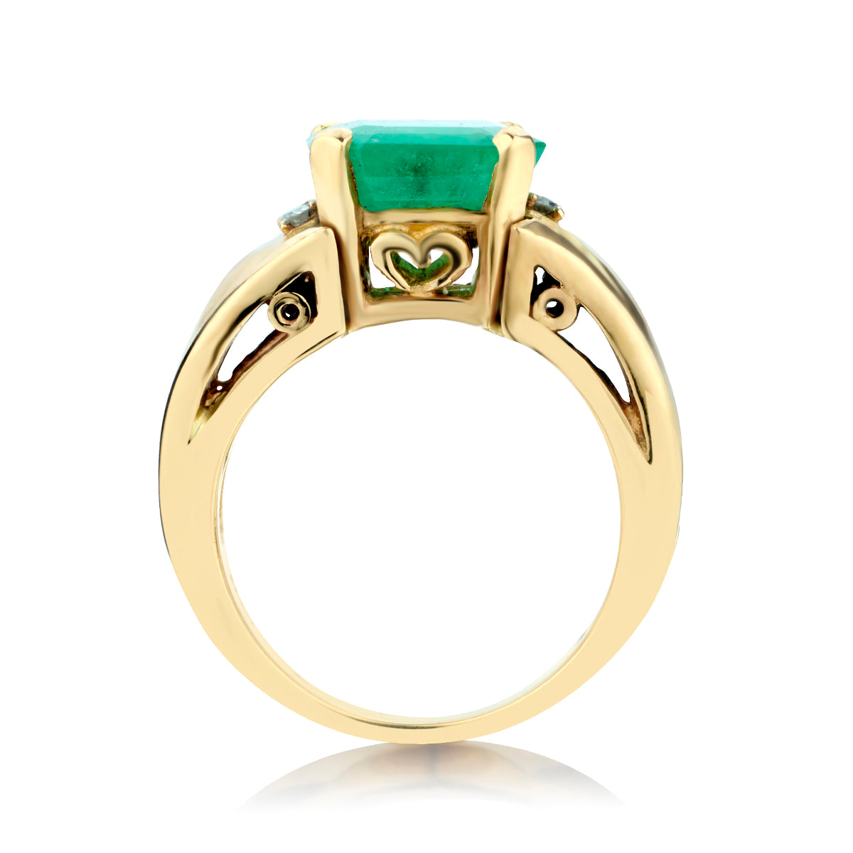 Green Emerald and Diamond Ring. 14kt Yellow Gold.