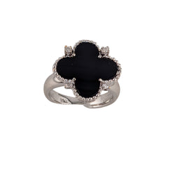 18K WHITE GOLD FOUR LEAF CLOVER RING WITH BLACK ONYX INLAY.