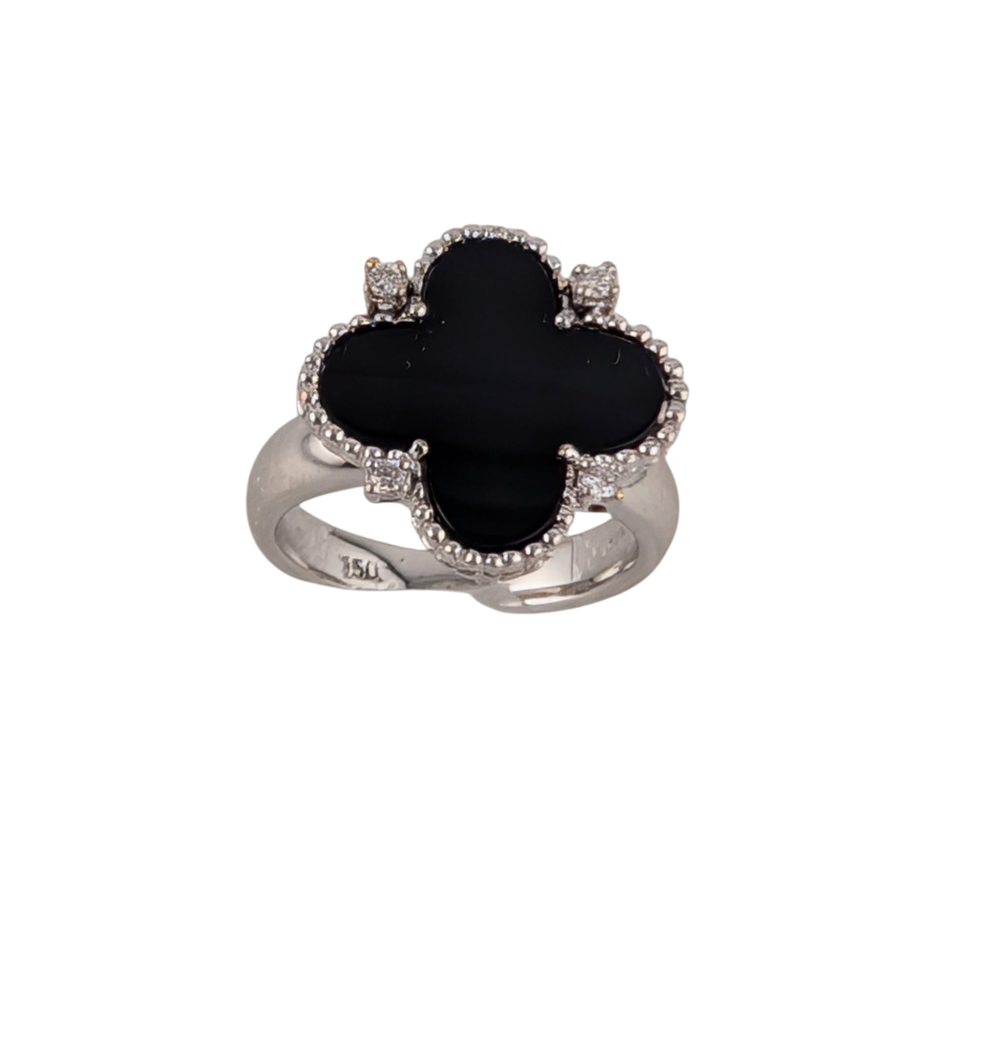 18K WHITE GOLD FOUR LEAF CLOVER RING WITH BLACK ONYX INLAY.