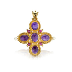Handmade 22kt Yellow Gold Amethyst, Pearl and Cabochon Rubies. Cross Pendant. Weight: 79 grams