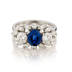 Birks Platinum Blue Sapphire and Diamond Ring.