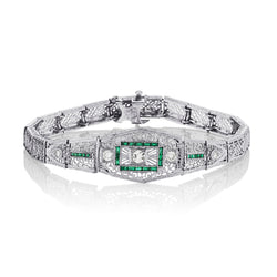 Edwardian Platinum and 14kt White Gold Green Emerald and Diamond Bracelet.