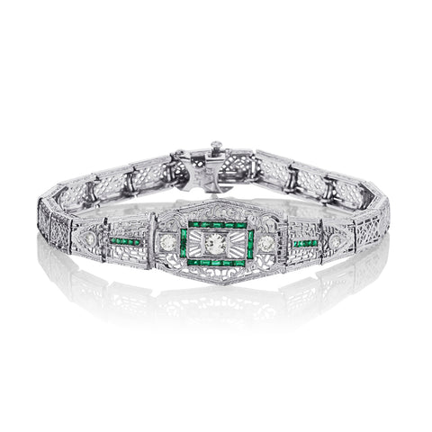 Edwardian Platinum and 14kt White Gold Green Emerald and Diamond Bracelet.